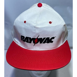 Vintage RAYOVAC Snapback Hat Adjustable White with Red Brim